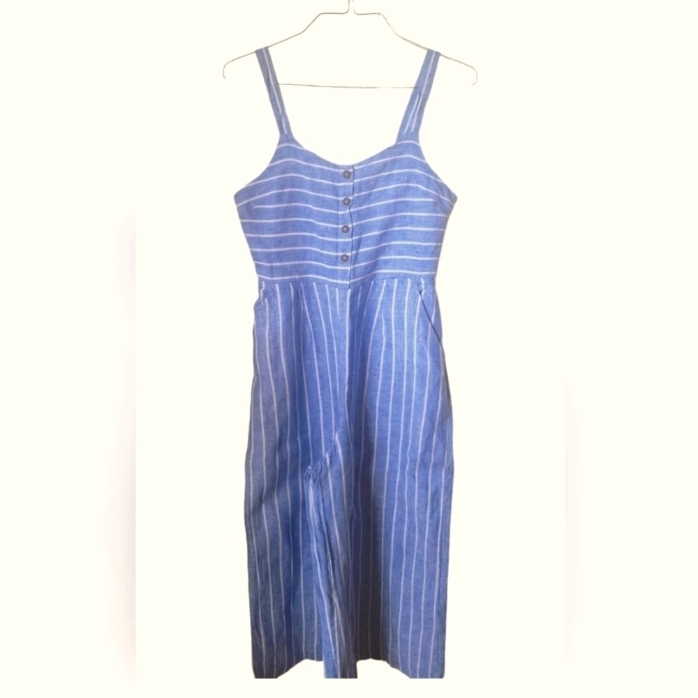 C & C California Blue & White Stripe Linen Wide Cropped Legs Jumpsuit Sz 8